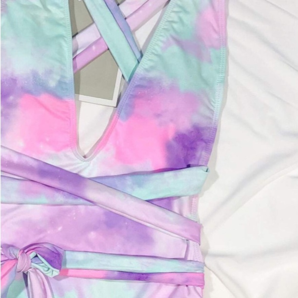 Blue Pink Purple Tie Dye Plunge V Criss Cross Back One Piece Swimsuit New - Picture 4 of 13